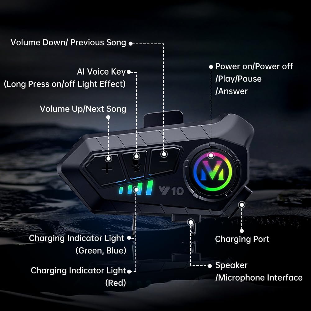Intercomunicador Bluetooth para Casco de Moto con Luz RGB