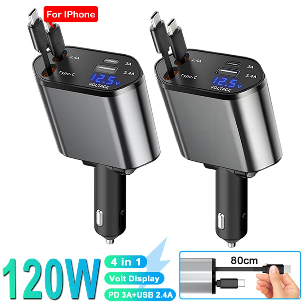 CARGADOR 4 EN 1 PARA CARRO CON CABLES RETRÁCTILES