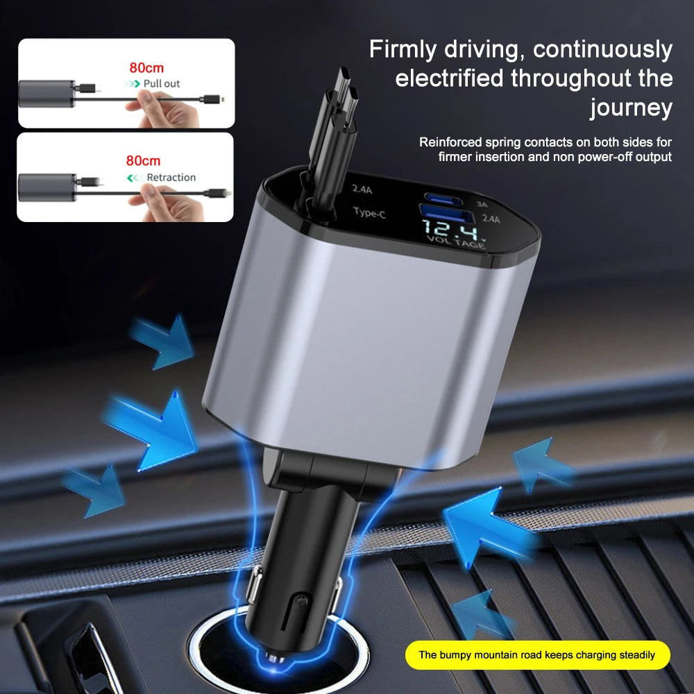 CARGADOR 4 EN 1 PARA CARRO CON CABLES RETRÁCTILES